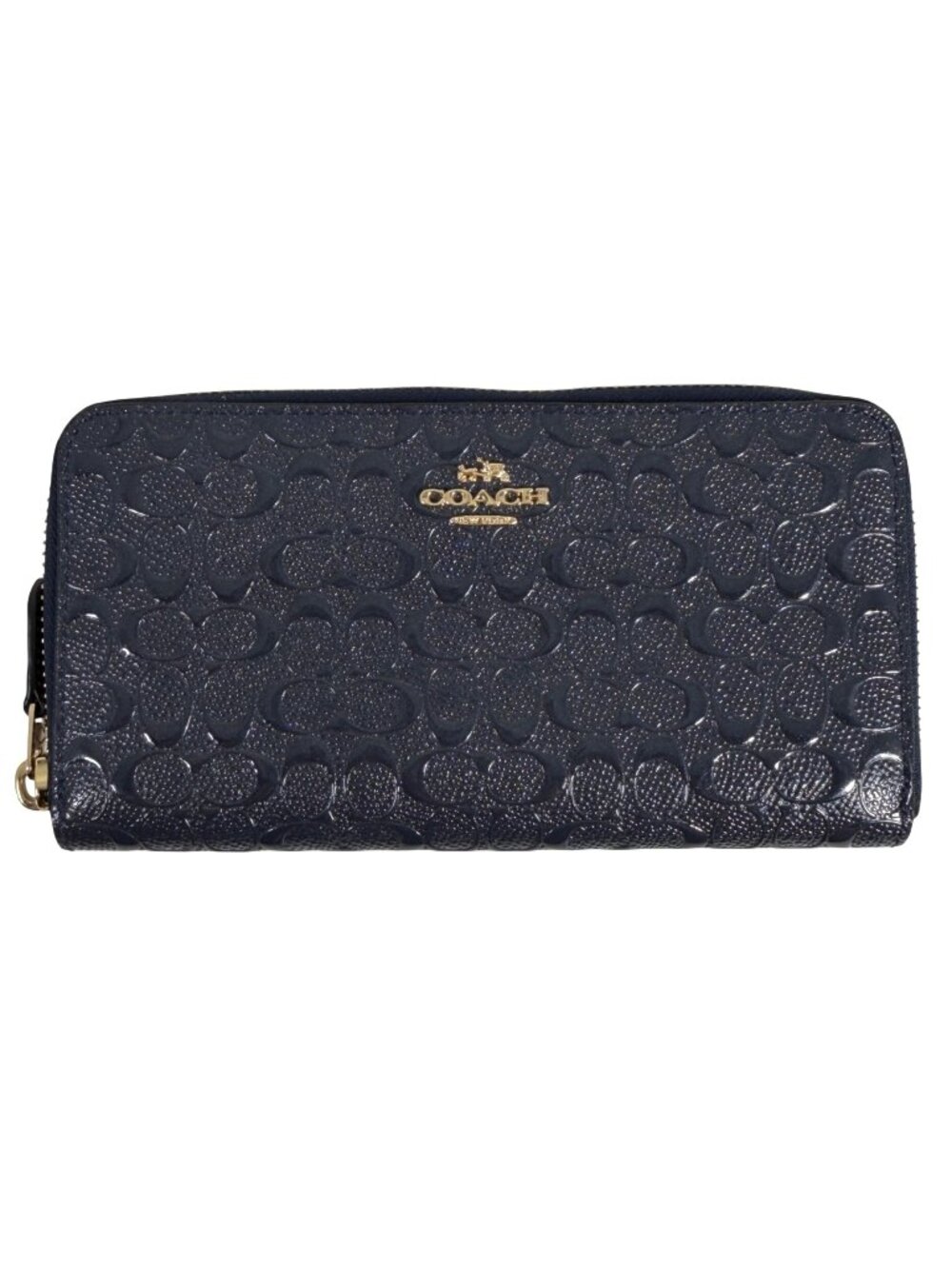 Coach Zip Long Wallet Midnight Blue Signature Debossed F54805 Patent Leather EUC